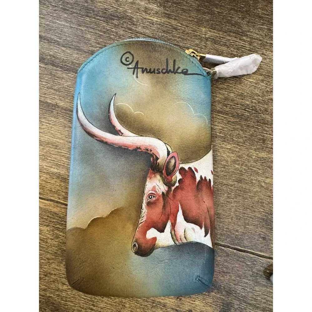 Anuschka Handpainted Leather Phone Eyeglasses Case Pouch Texas‎ Longhorn